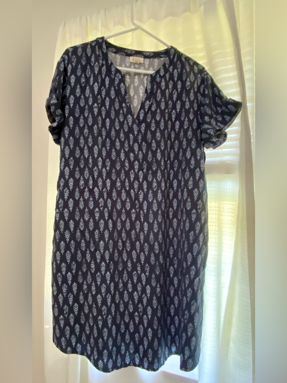 ANA Navy Blue and White Shift Dress with Floral Design Size L Comfortable